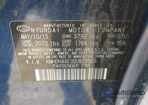 2013 Hyundai Elantra Gls from USA, damaged, VIN KMHDH4AE3DU873926